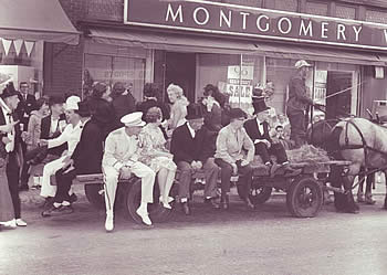 A costumed Montgomery Ward crew in front of the Main Street store. Photo courtesy of Loretta Hunt 