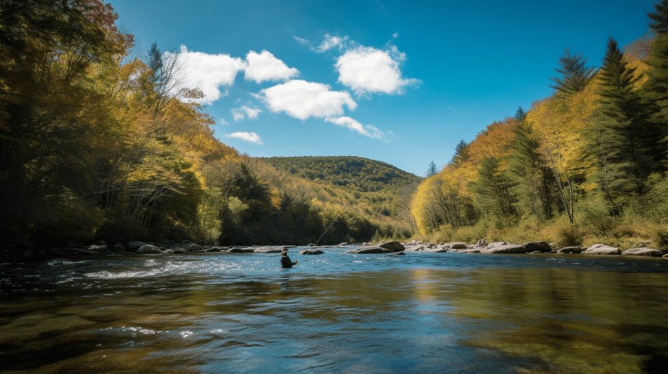 A Fly Fishing Vest And Net Hanging On A Tree Along A River In